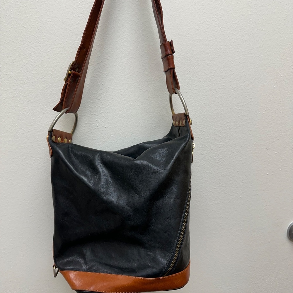 Marino Orlando Handmade Italian Black Leather Backpack Bucket Bag brown trim
